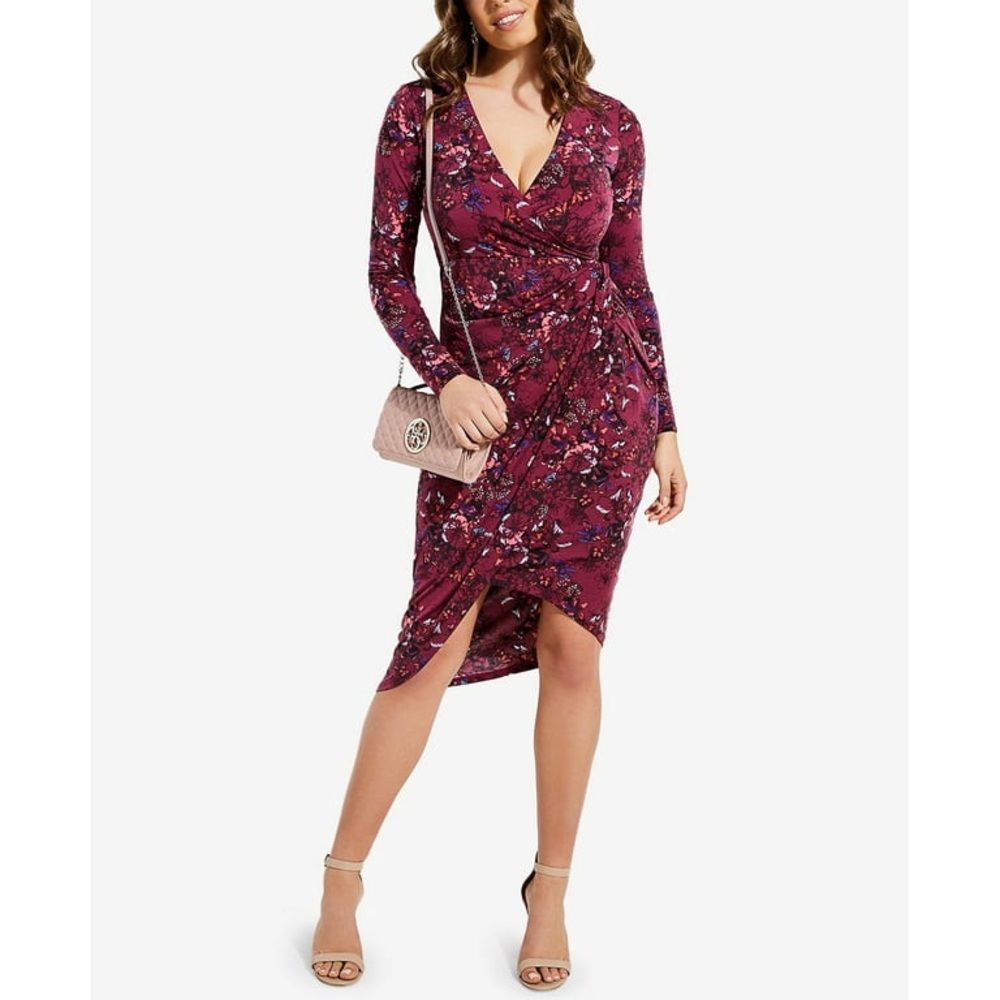 Guess Kellie Burgandy Purple Floral Faux Wrap Long Sleeve Dress Size Large